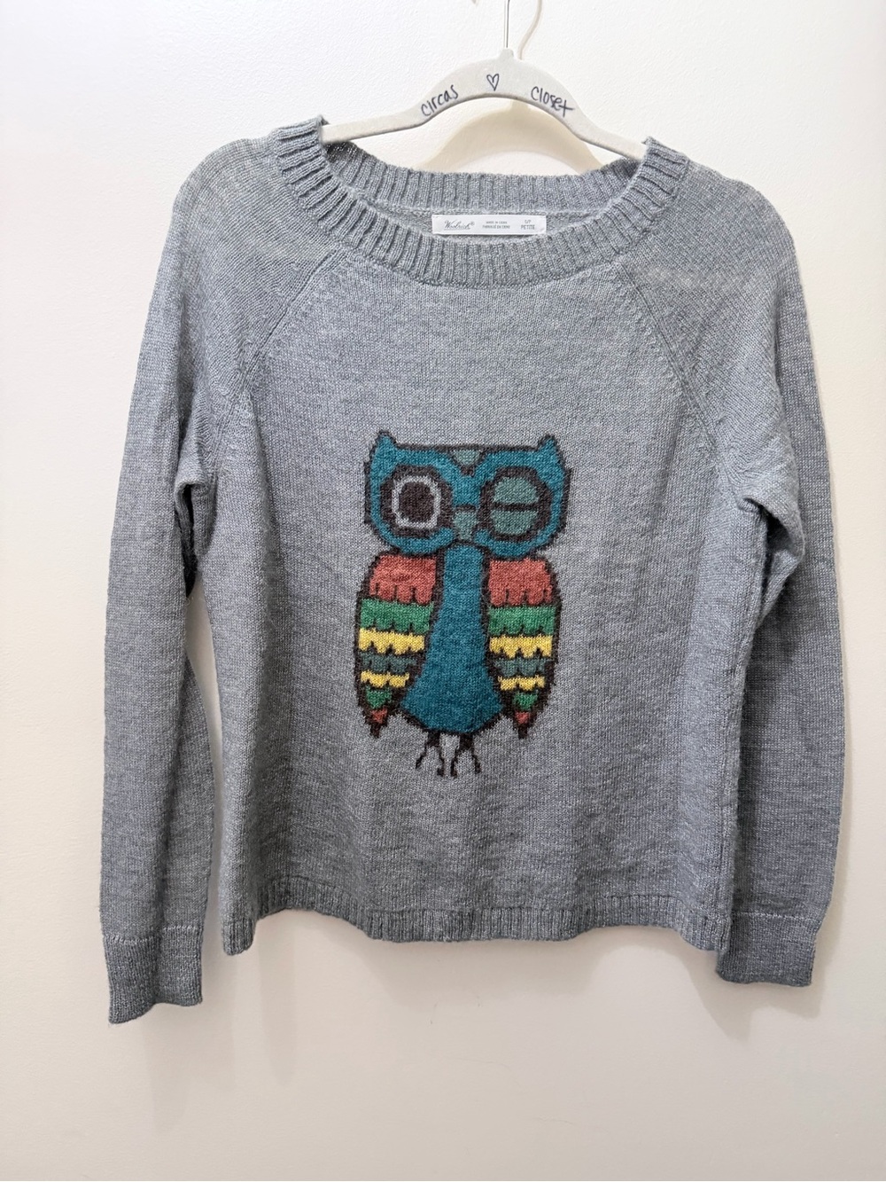 Woolrich Frost Grey Colorful Owl Crewneck Sweater Wool Cottage Whimsical Small